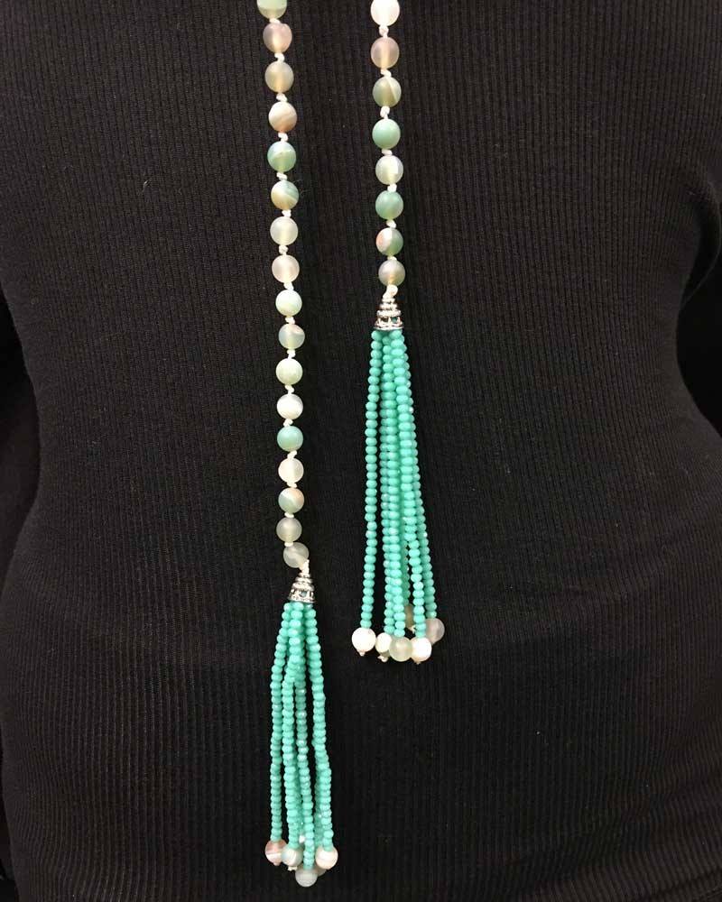 Hand Knotted Amazonite Tassel Lariat Necklace - Turquoise