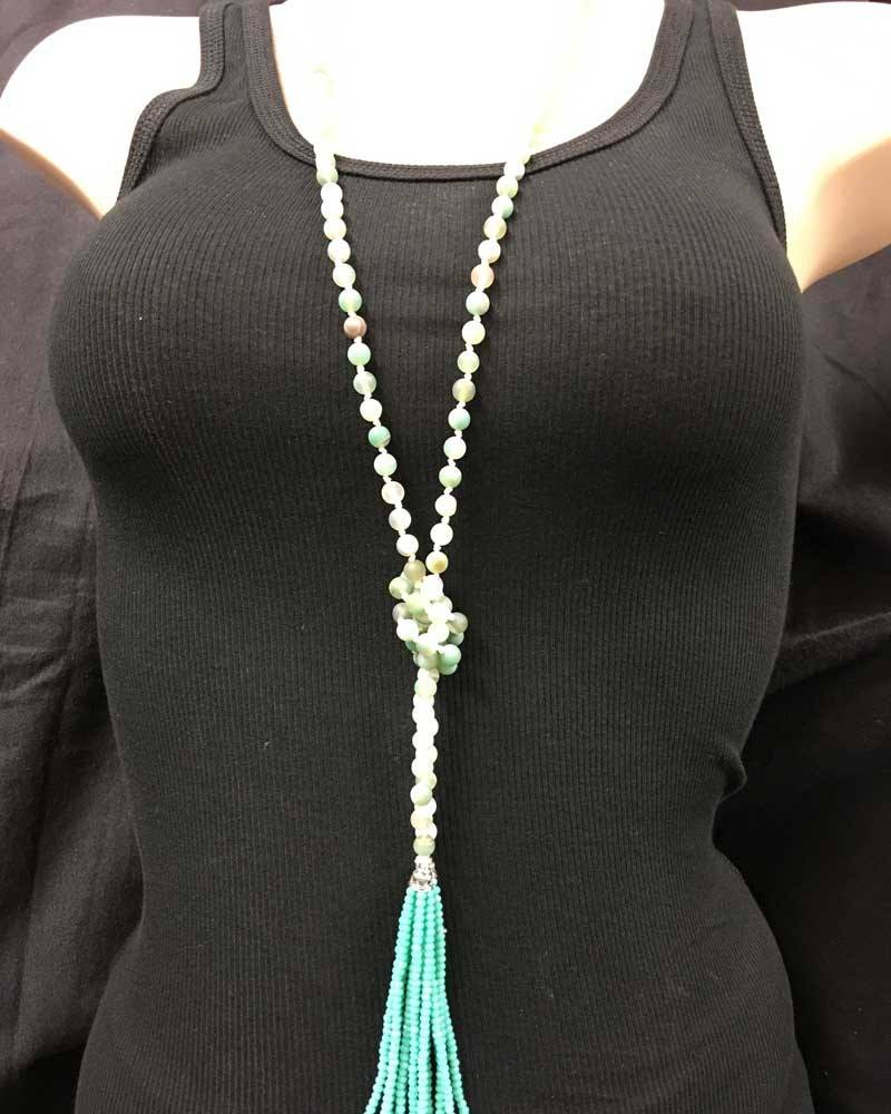 Hand Knotted Amazonite Tassel Lariat Necklace - Turquoise