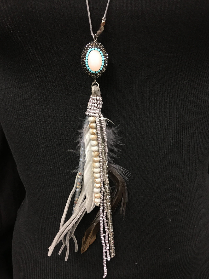 BoHo Chic Feather Tassel Necklace - Grey
