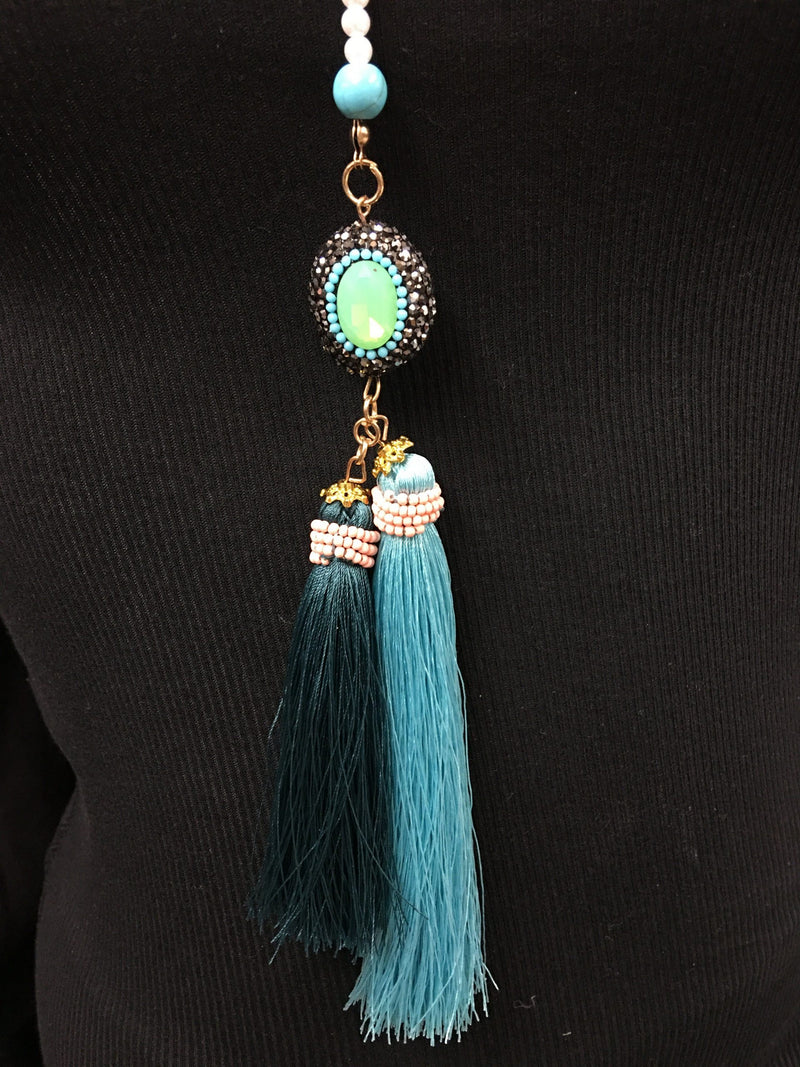 BoHo Chic Double Tassel Necklace - Turquoise