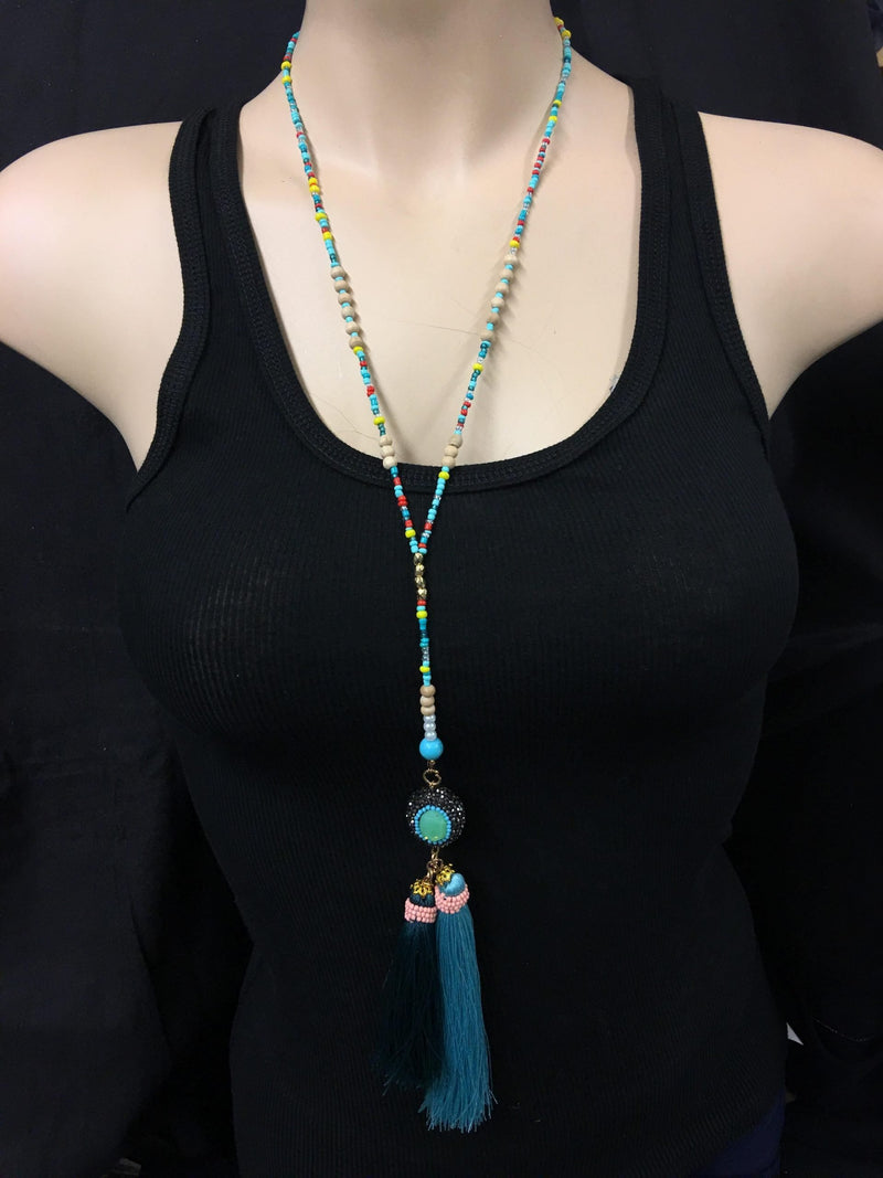BoHo Chic Double Tassel Necklace - Turquoise