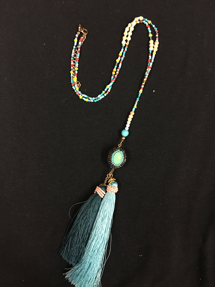 BoHo Chic Double Tassel Necklace - Turquoise