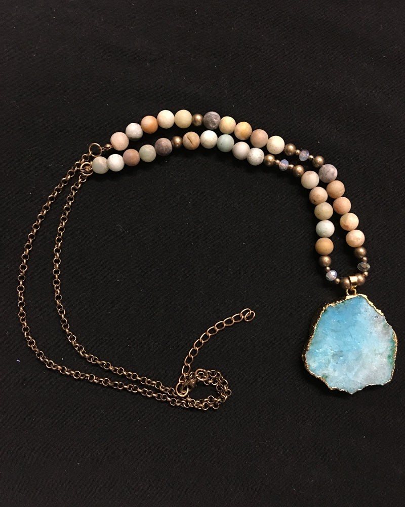Blue Druzy Necklace, Amazonite stones on brass chain