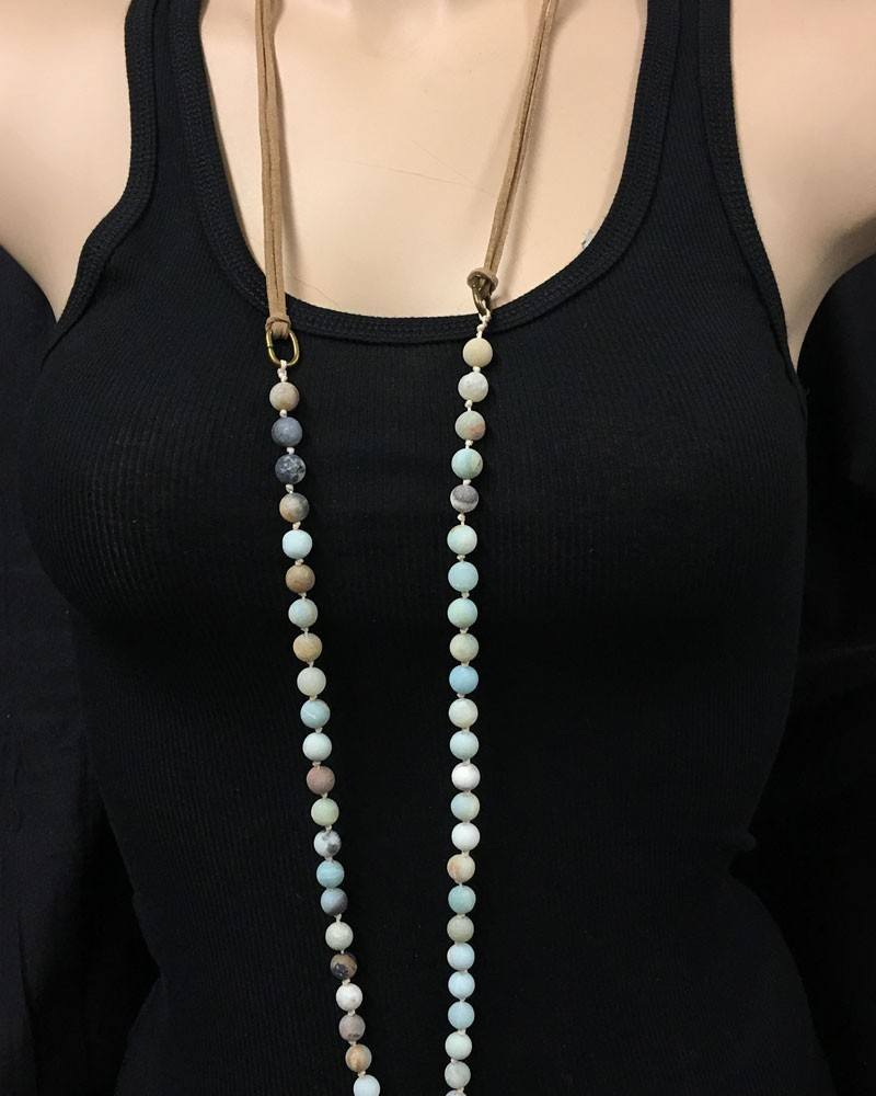 Hand Knotted Amazonite and Leather Necklace - Blue