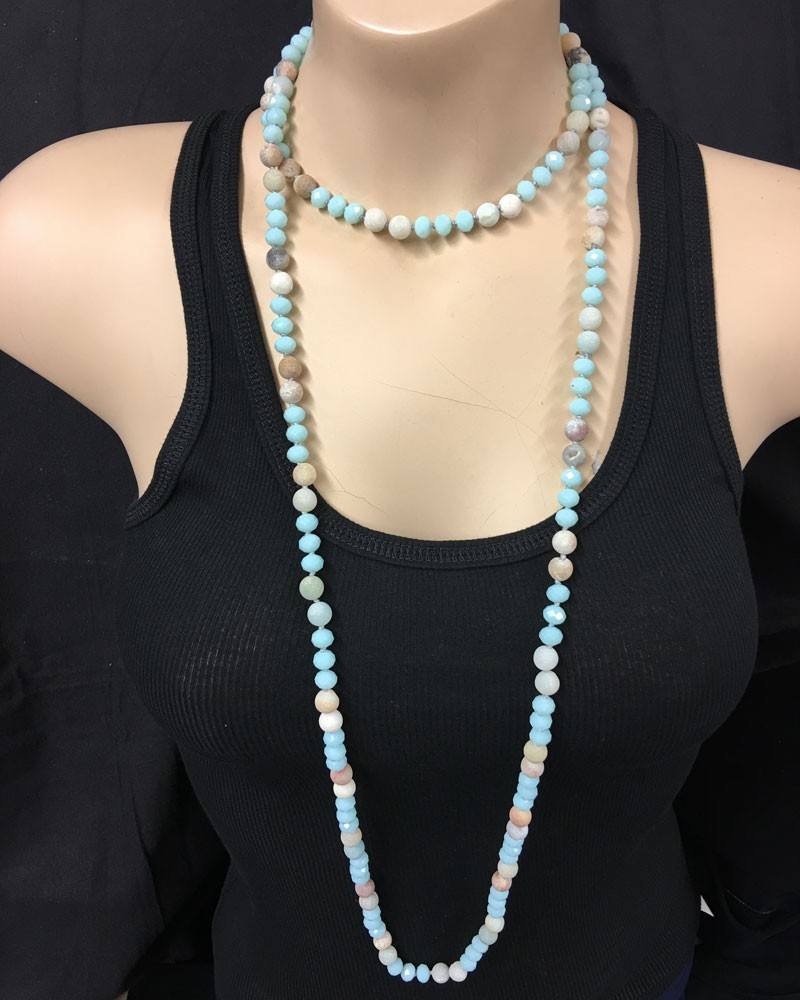 Crystal and Amazonite Necklace Hand Knotted Extra Long - Blue
