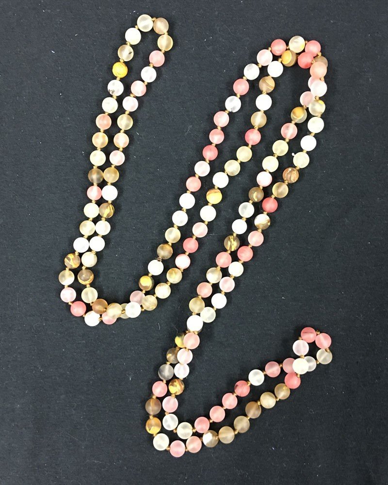 Extra Long Hand Knotted Rose Colored Natural Stone Beaded Necklace - Rose
