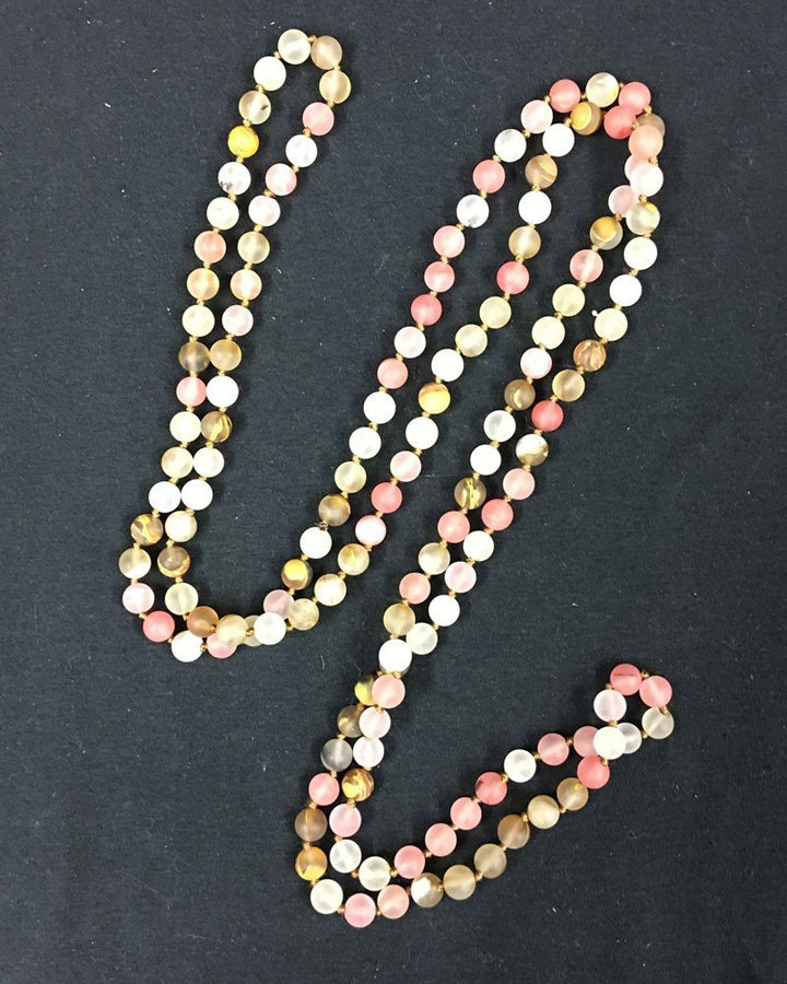 Extra Long Hand Knotted Rose Colored Natural Stone Beaded Necklace - Rose