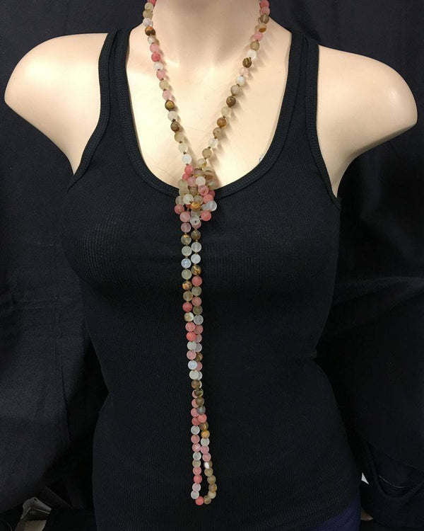 Extra Long Hand Knotted Rose Colored Natural Stone Beaded Necklace - Rose 
