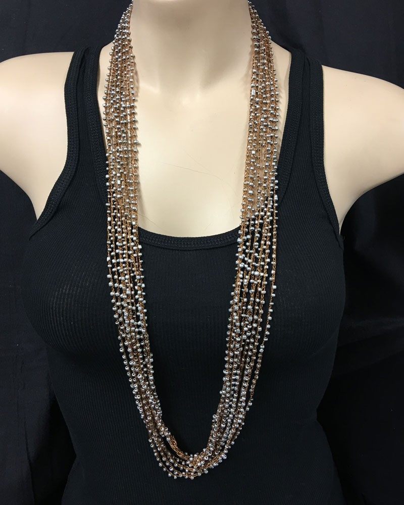 Multi Strand Beaded Necklace Silver Beads - Silver