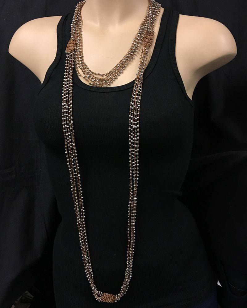 Multi Strand Beaded Necklace Silver Beads - Silver