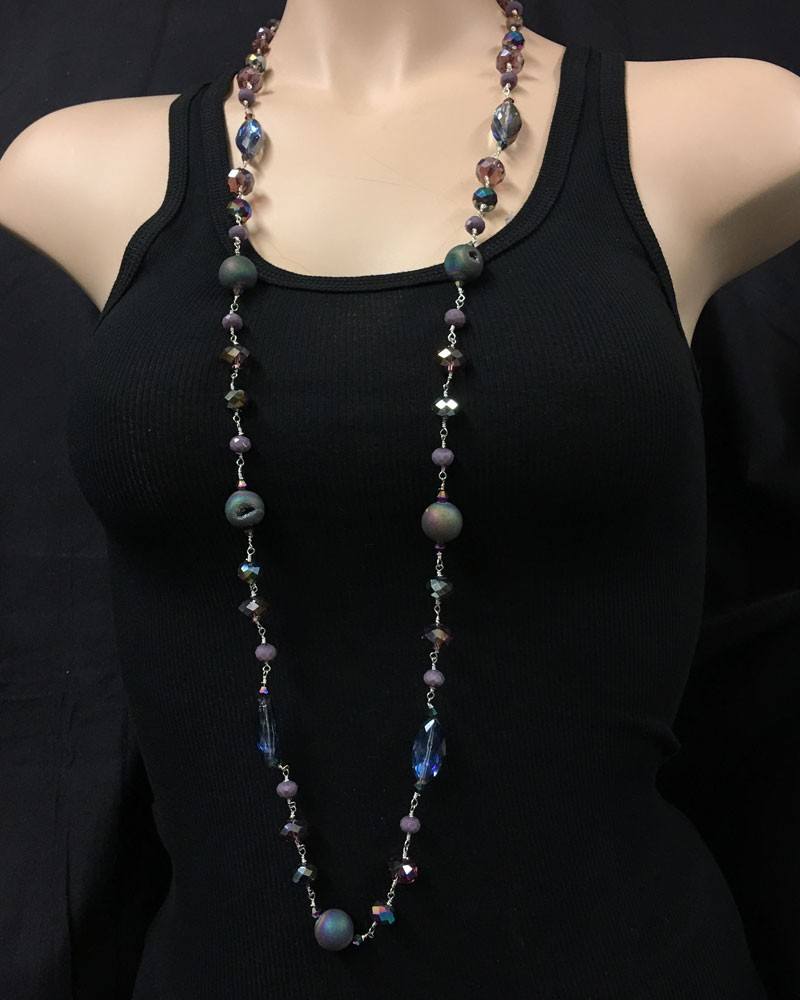 Titanium Druzy Necklace with faceted crystal accents - Blue