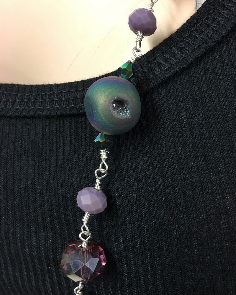 Titanium Druzy Necklace with faceted crystal accents - Blue