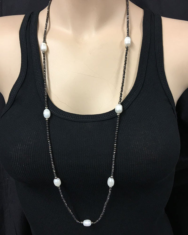 Pearl and Crystal Necklace Black Pyrite