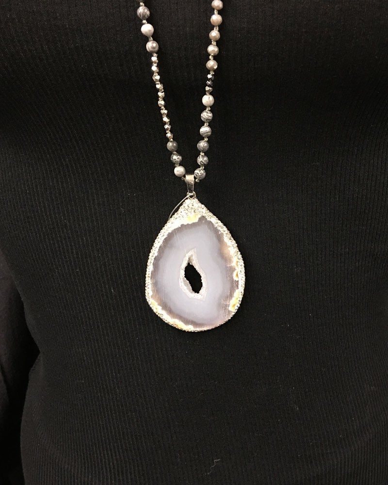 White Quartz Druzy Necklace with natural stone beads - cream