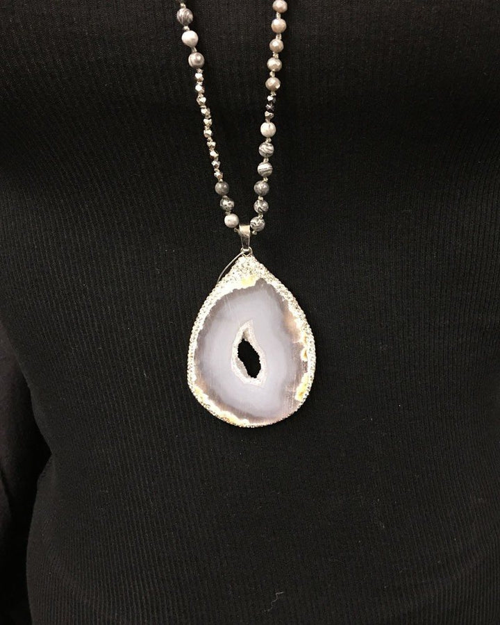 White Quartz Druzy Necklace with natural stone beads - cream