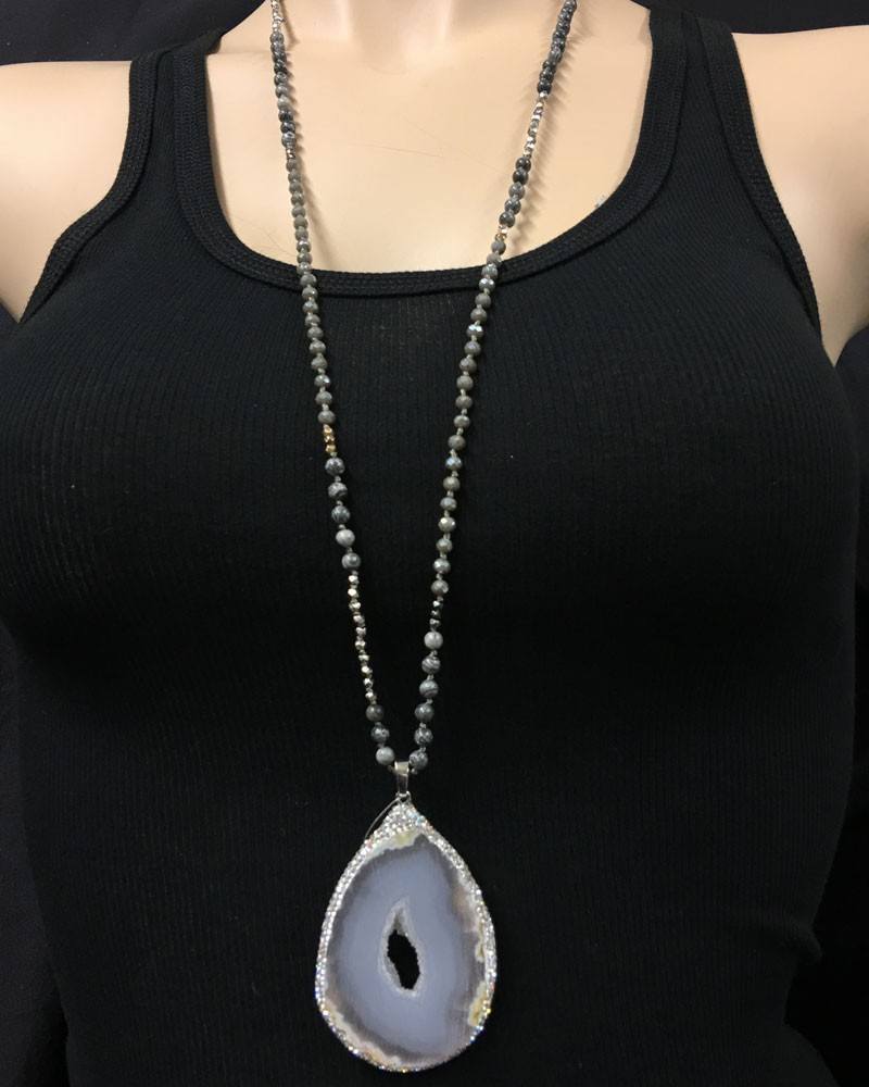 White Quartz Druzy Necklace with natural stone beads - cream