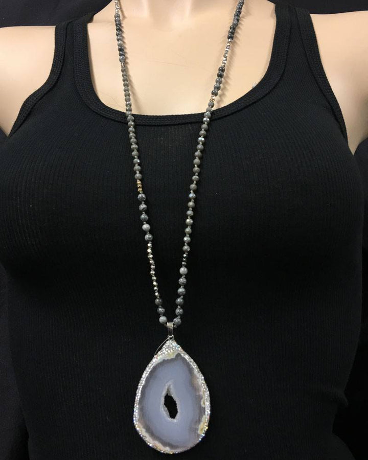 White Quartz Druzy Necklace with natural stone beads - cream