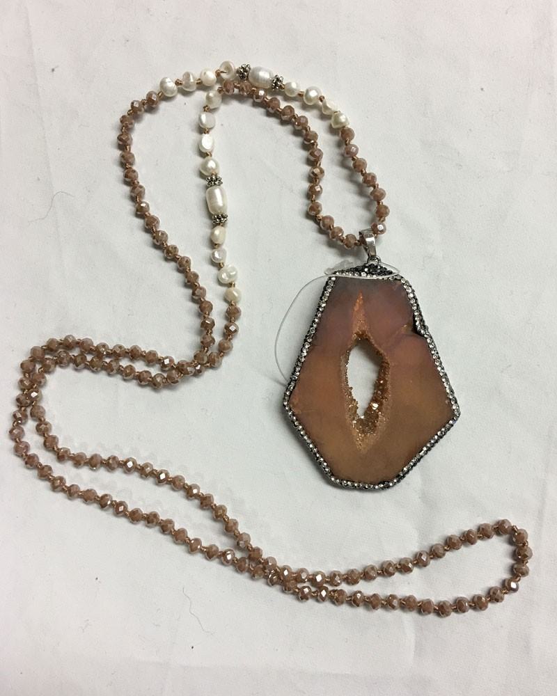 Champagne Druzy Necklace with crystals and fresh water pearls