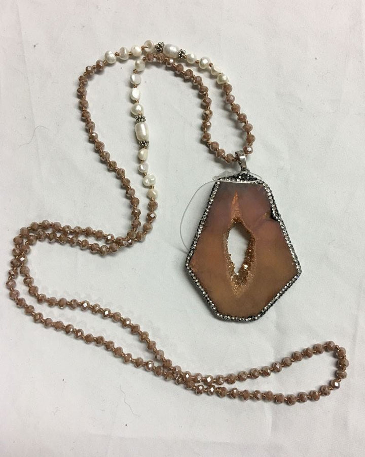 Champagne Druzy Necklace with crystals and fresh water pearls