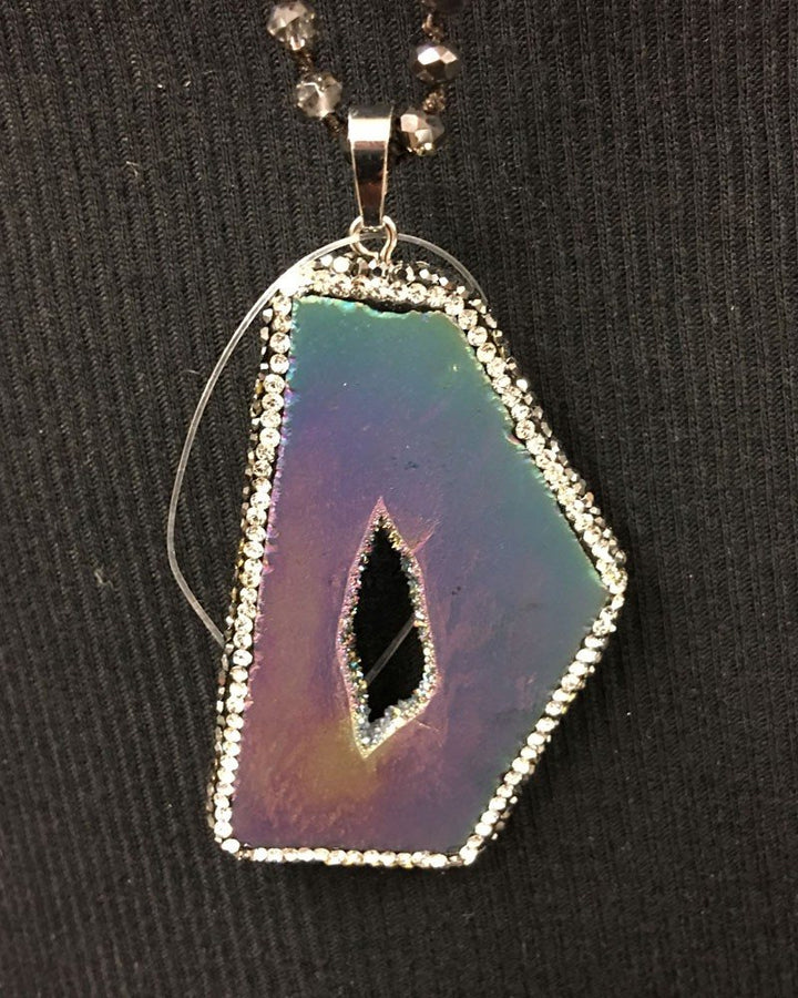 Rainbow Titanium Druzy Necklace with smokey crystals and pearls - Titanium