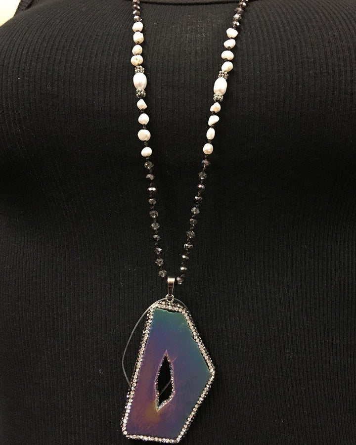 Rainbow Titanium Druzy Necklace with smokey crystals and pearls - Titanium