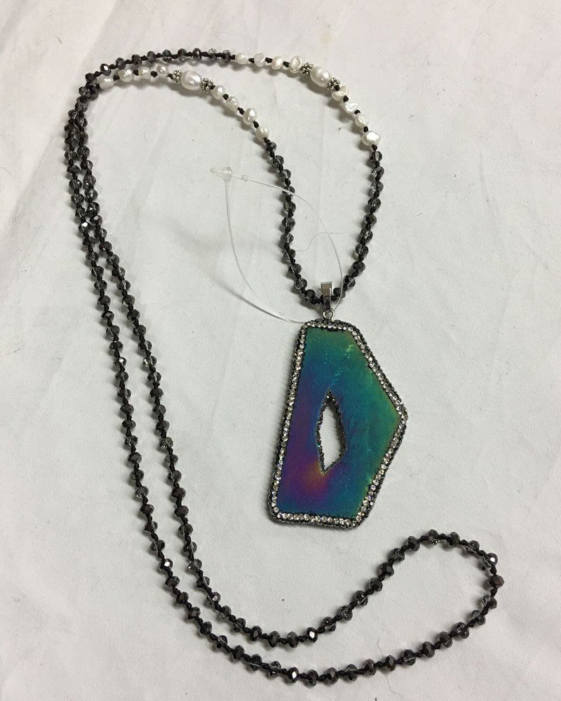 Rainbow Titanium Druzy Necklace with smokey crystals and pearls - Titanium