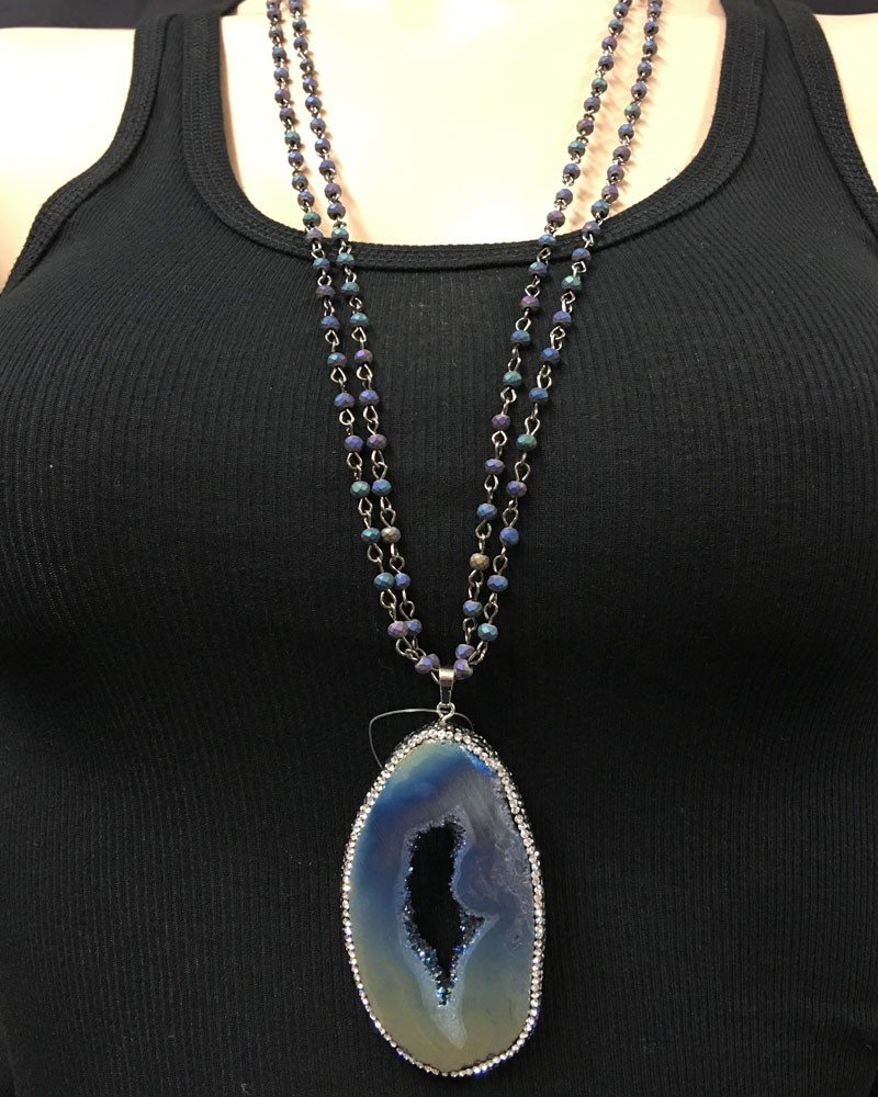 Blue Gold Titanium Druzy Necklace with blue titanium beads