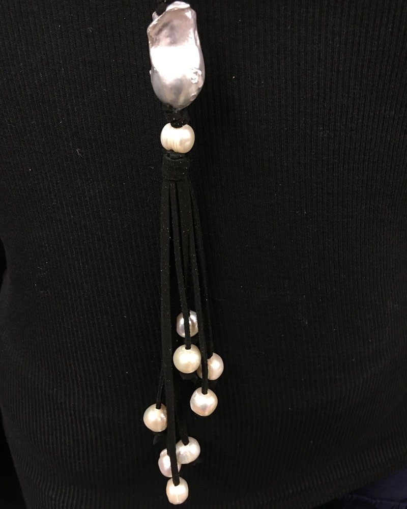 Chunky Baroque Pearl and Leather Tassel Necklace Black