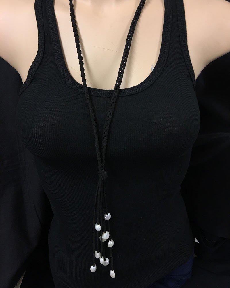Braided Leather Freshwater Pearls Tassel Necklace Black