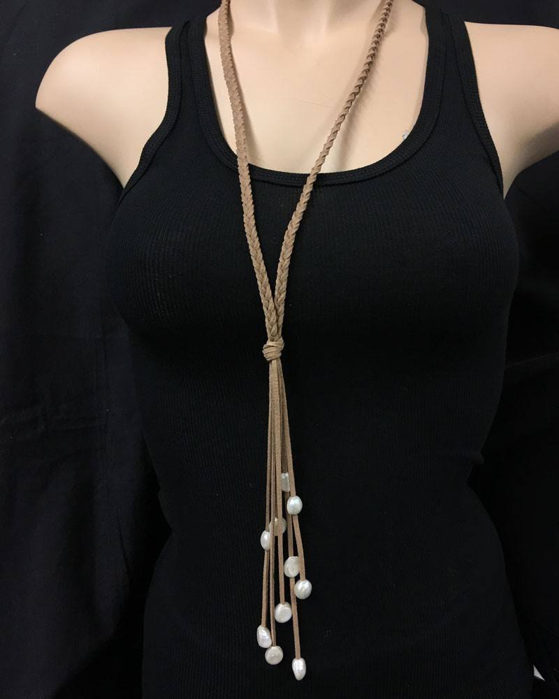 Braided Leather Freshwater Pearls and Tassel Necklace Tan