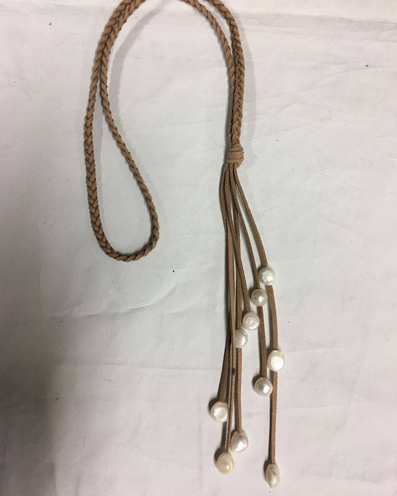 Braided Leather Freshwater Pearls and Tassel Necklace Tan