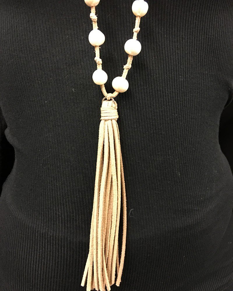 Leather and Knotted Freshwater Pearls and Tassel Necklace Tan