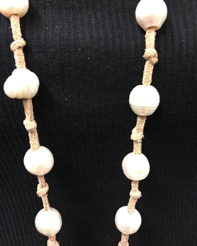 Leather and Knotted Freshwater Pearls and Tassel Necklace Tan