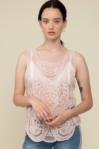 POL Scalloped Edge Lace Tank JCT227 Dusty Pink - front view