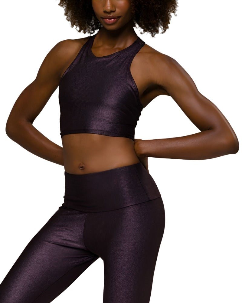 Onzie Peek-a-boo Racer Yoga Crop Top 3024 - Plum Sparks - front view