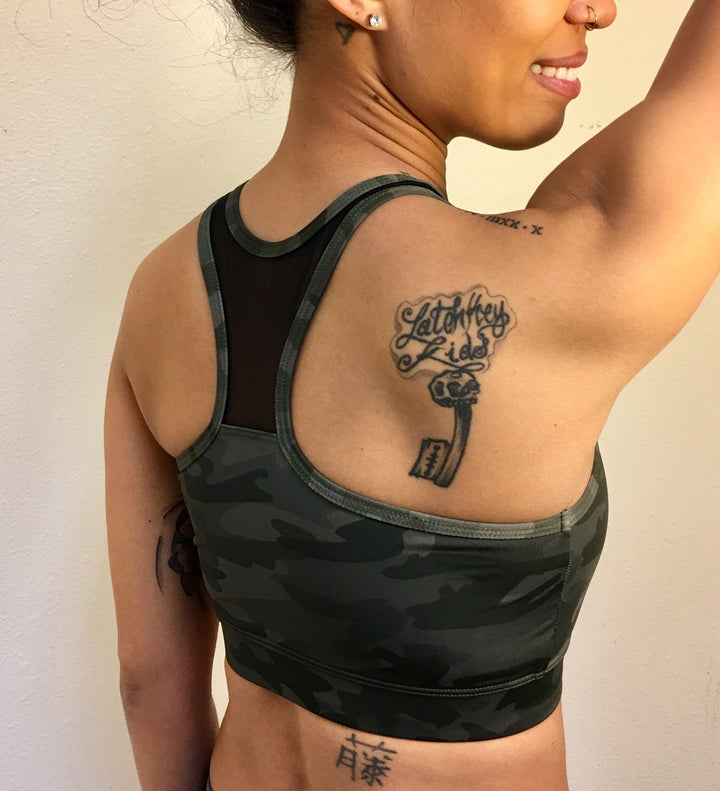 Onzie Hot Yoga High Neck Bra 3640 - Moss Camouflage - rear view