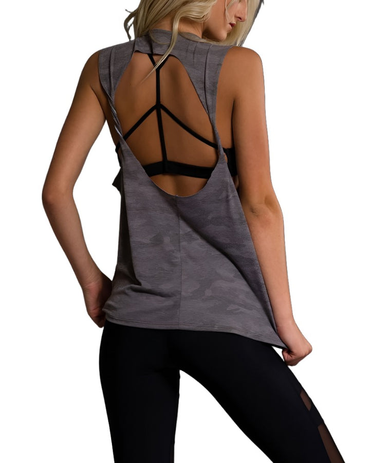 Onzie Hot Yoga Twist Back Top 3602 - Moss Camouflage - rear view