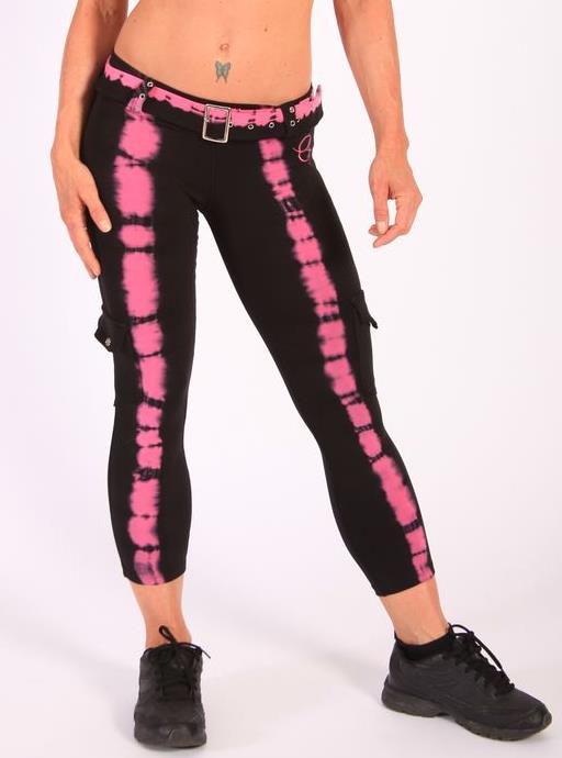 Equilibrium Activewear Belted Tie Dye Skinny Legging L706 - Pink-Black Tie Dye -  front view
