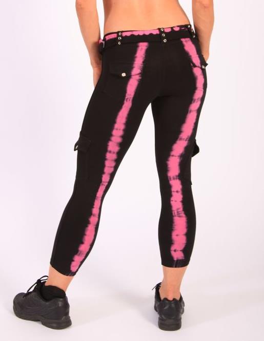Equilibrium Activewear Belted Tie Dye Skinny Legging L706 - Pink-Black Tie Dye -  rear view
