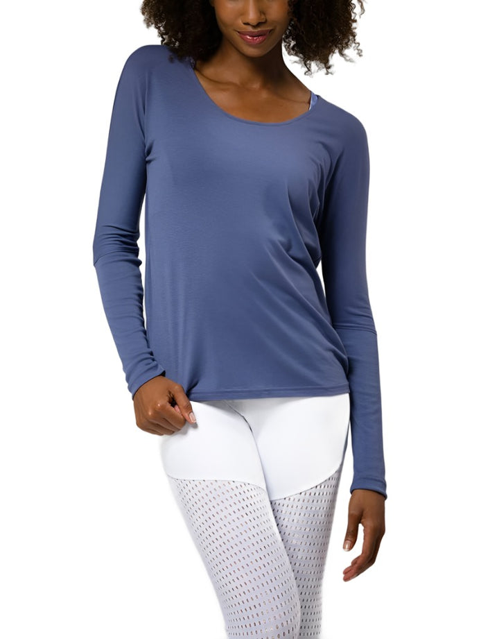 Onzie Hot Yoga Drapey V Back Top 3033 - Slate Blue - front view