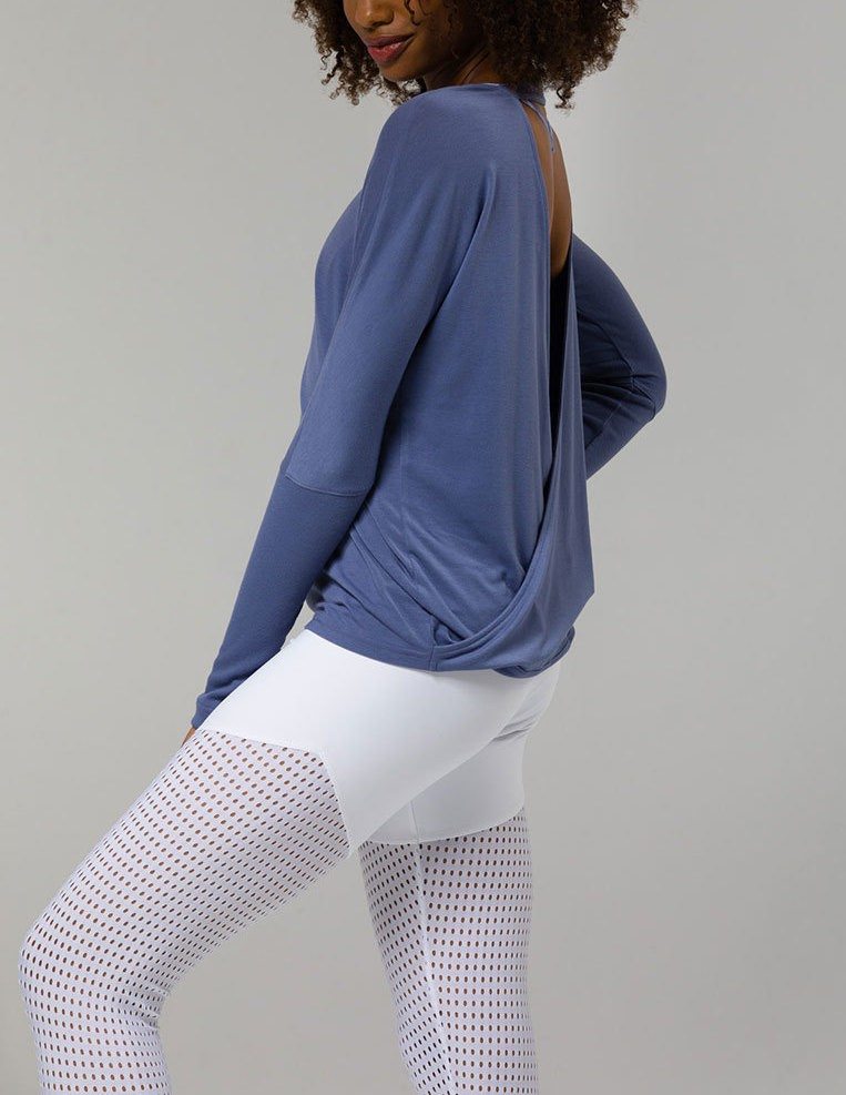 Onzie Hot Yoga Drapey V Back Top 3033 - Slate Blue - side view