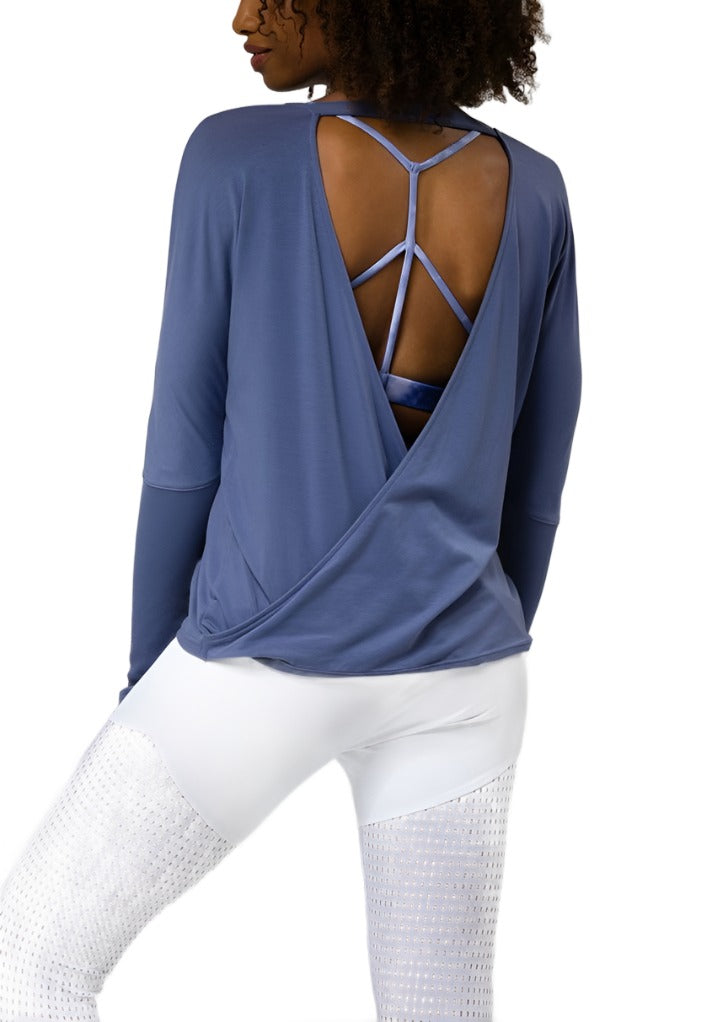 Onzie Hot Yoga Drapey V Back Top 3033 - Slate Blue - rear view