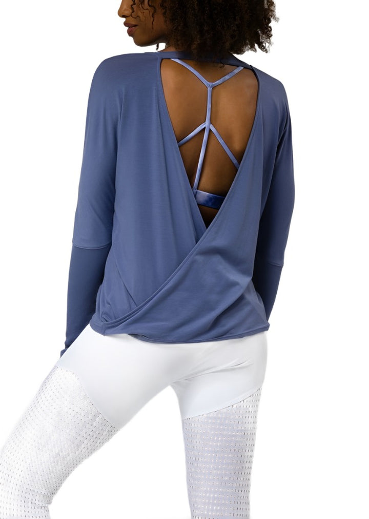 Onzie Hot Yoga Drapey V Back Top 3033 - Slate Blue - rear view