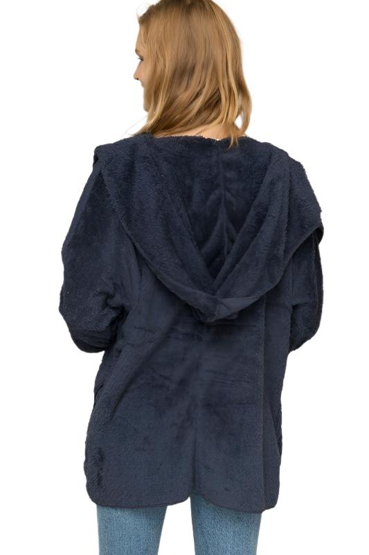 Hem & Thread Fuzzy knit open front, hooded cardigan with pockets L2394 - Navy Fuzzy - rear view