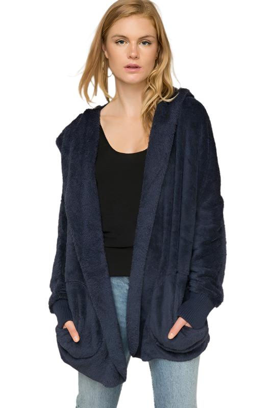 Hem & Thread Fuzzy knit open front, hooded cardigan with pockets L2394 - Navy Fuzzy - front view