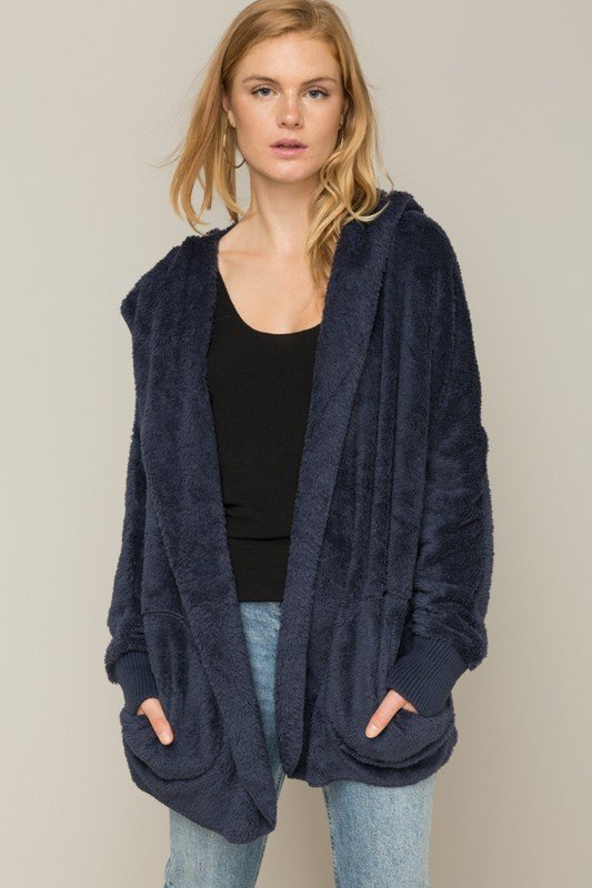 Hem & Thread Fuzzy knit open front, hooded cardigan with pockets L2394 - Navy Fuzzy - front view