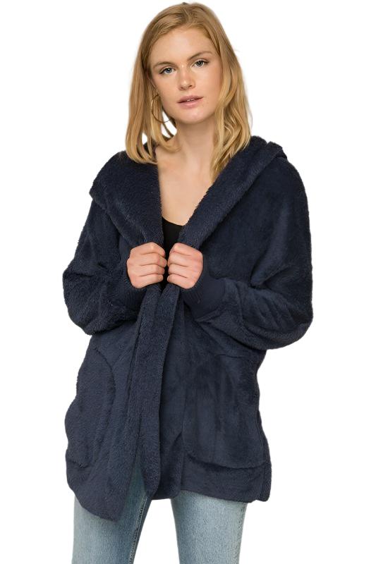 Hem & Thread Fuzzy knit open front, hooded cardigan with pockets L2394 - Navy Fuzzy - front alt view 1