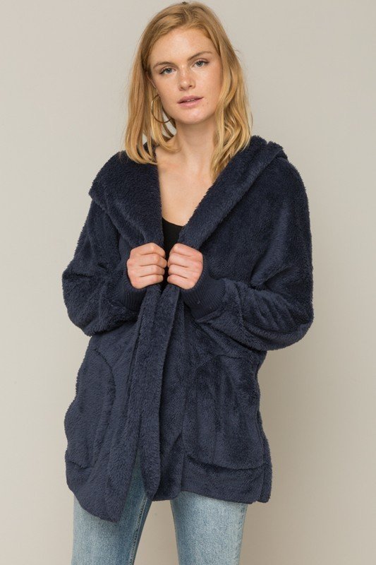 Hem & Thread Fuzzy knit open front, hooded cardigan with pockets L2394 - Navy Fuzzy - front alt view 1