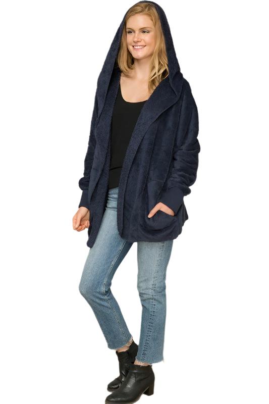 Hem & Thread Fuzzy knit open front, hooded cardigan with pockets L2394 - Navy Fuzzy - front alt view 1