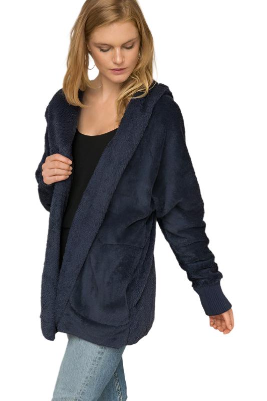 Hem & Thread Fuzzy knit open front, hooded cardigan with pockets L2394 - Navy Fuzzy - front alt view